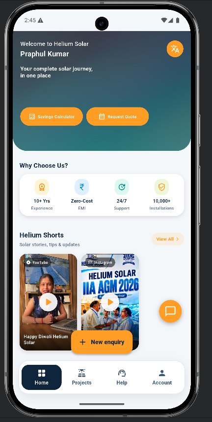 Helium Solar Customer App interface preview