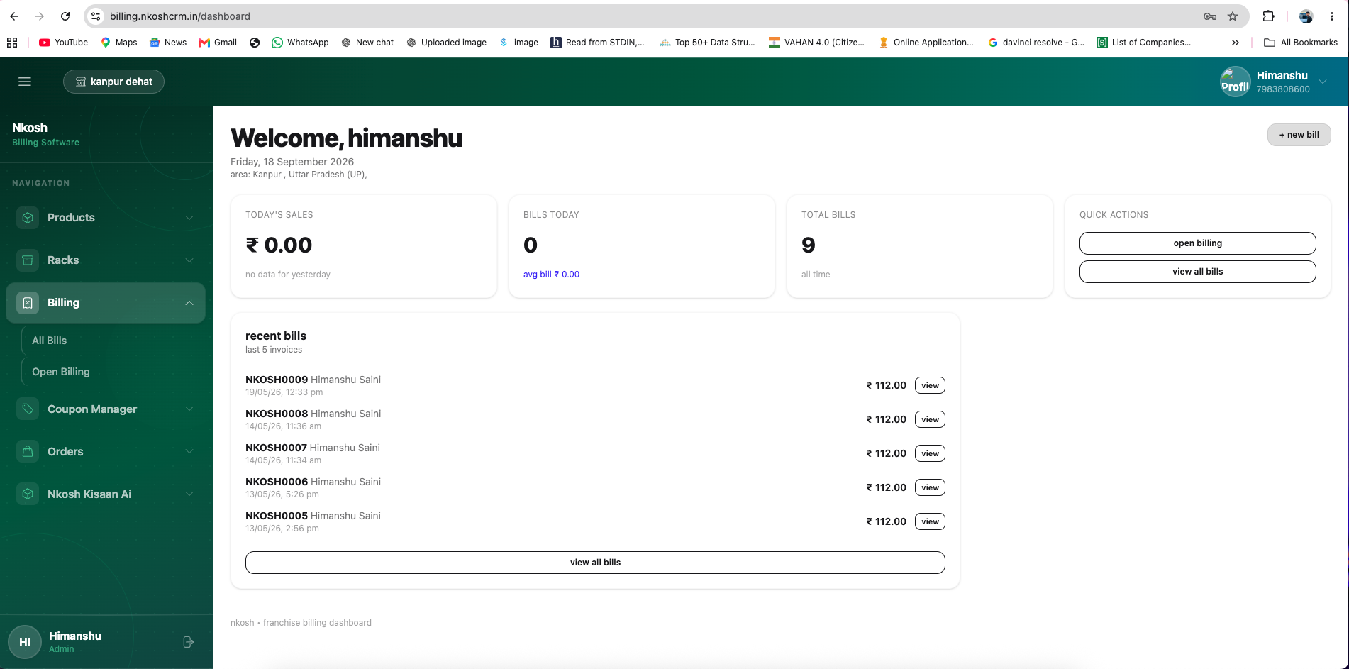 NKOSH Franchise Management & Billing interface preview
